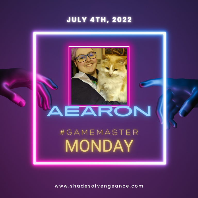 Aearon with their cat text: July 4th, 2022. Aearon. #gamemaster monday.