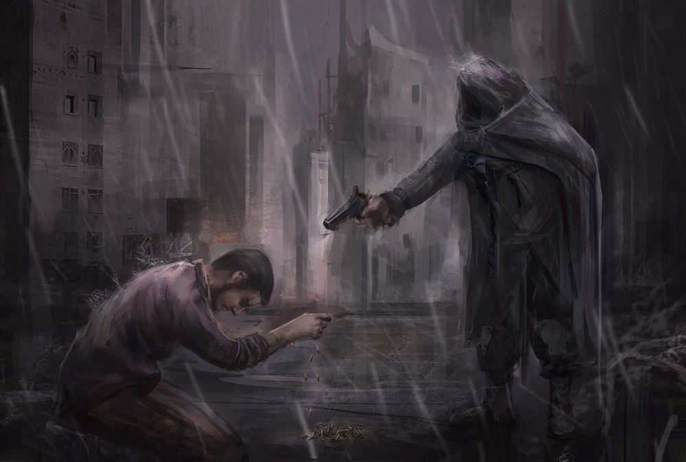 A hooded figure holds a pistol to the head of a pleading man