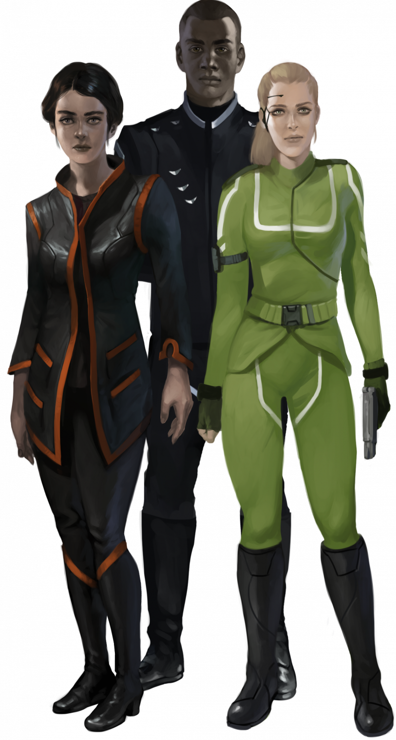 Three humans, two women and one man, wearing futuristic looking clothing.