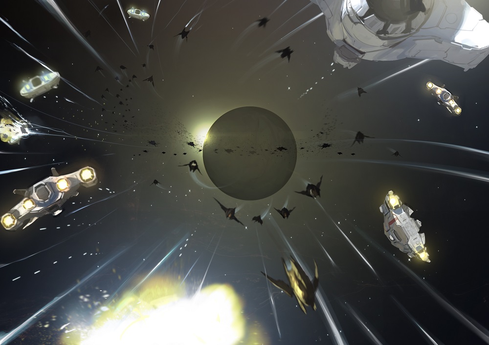 a number of space ships speeding away from the planet Icaunus